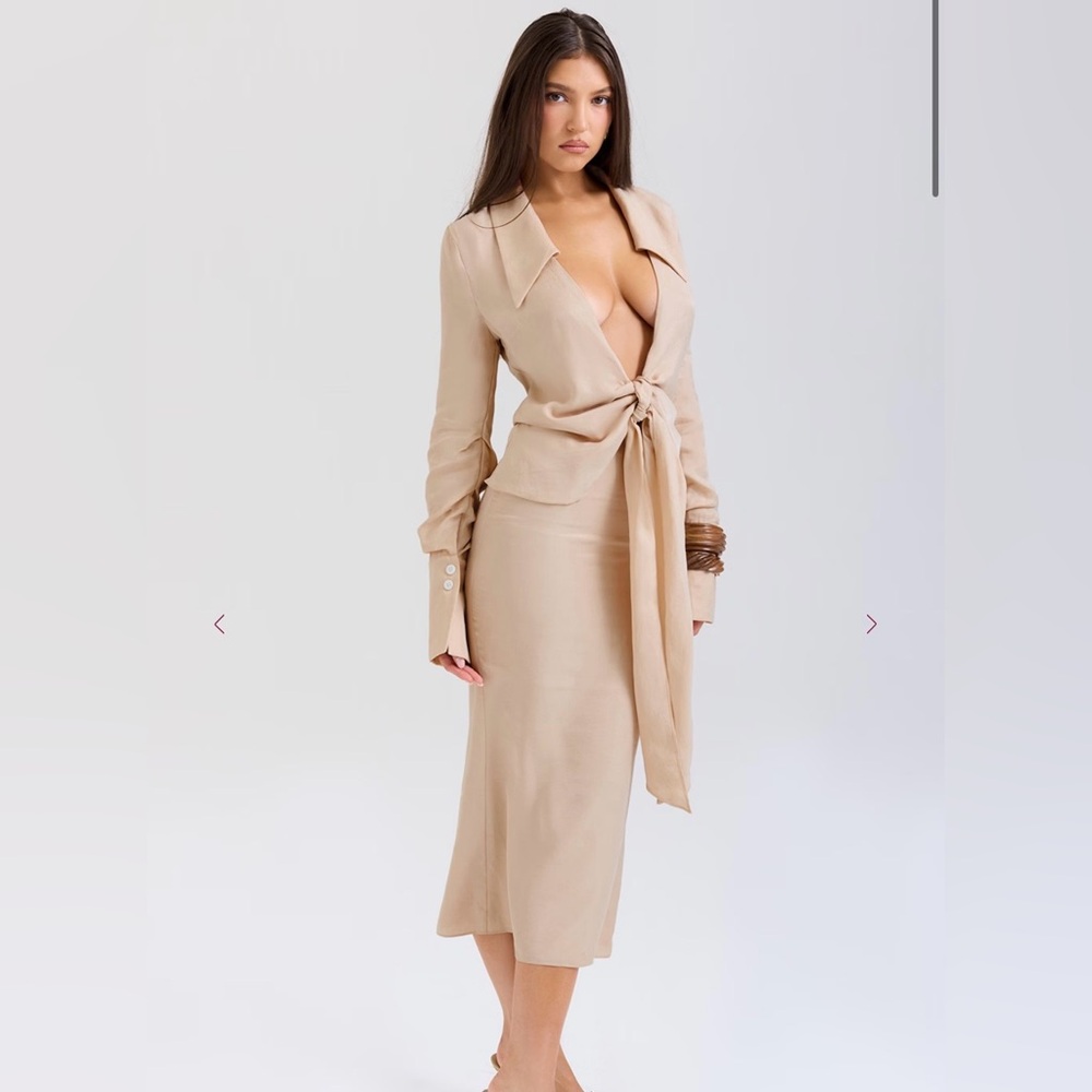 HOUSE OF CB NEVAEH ALMOND PLUNGE SHIRT MIDI DRESS NWT